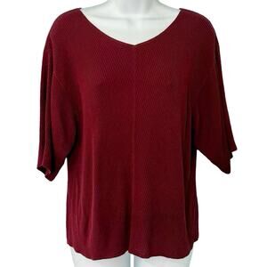 Uniqlo Red Burgundy Wine Ribbed Dolman Short Sleeve V Neck Top Oversized size S